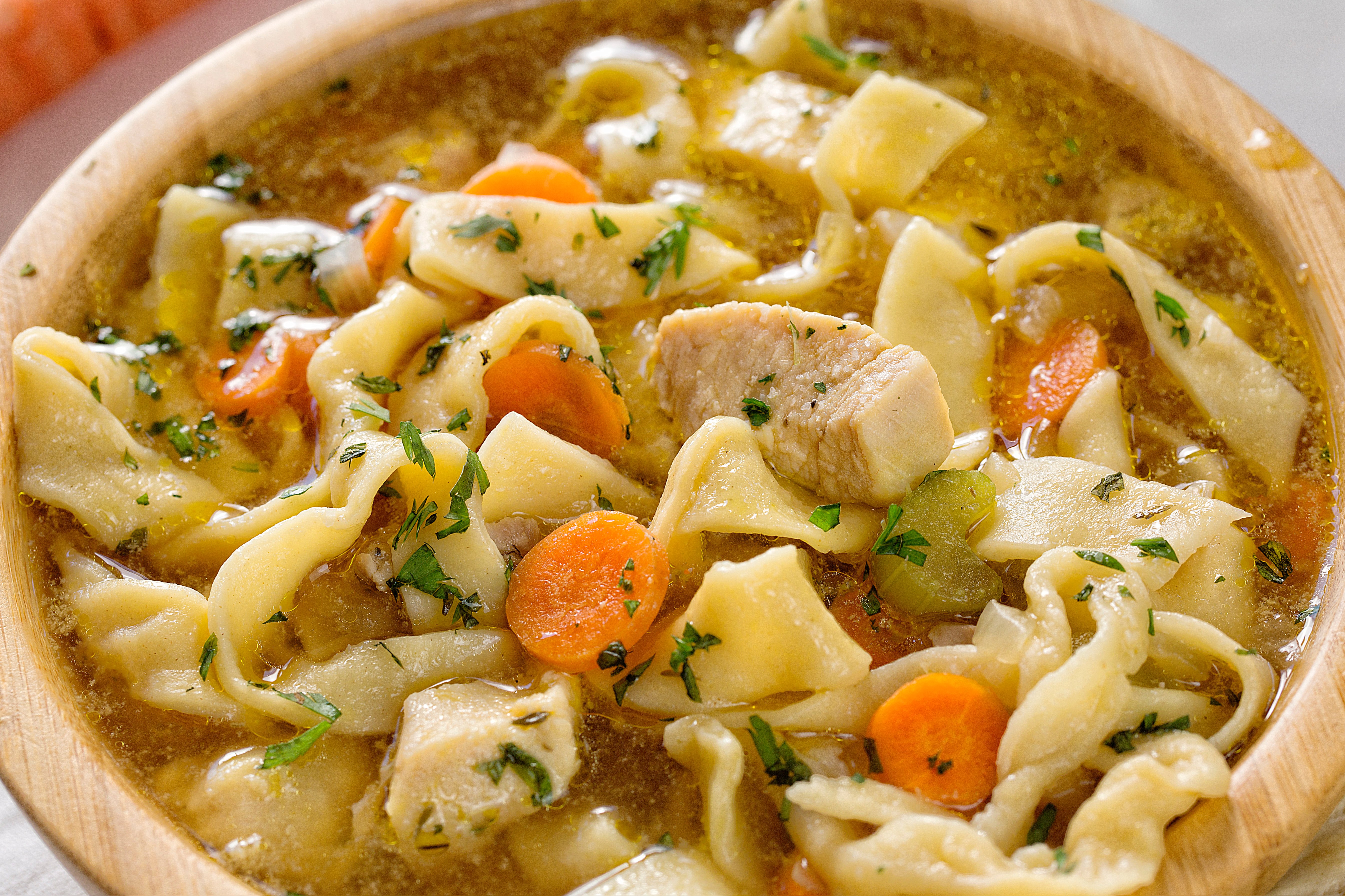 Close up of a Bowl of Homemade Chicken Noodle Soup