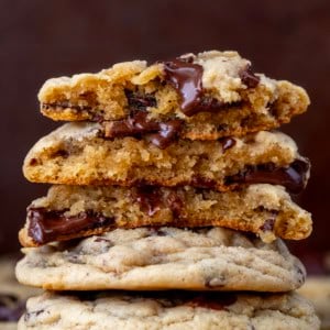 Close up of a stack of broken in half Brown Sugar Chocolate Chip Cookies.