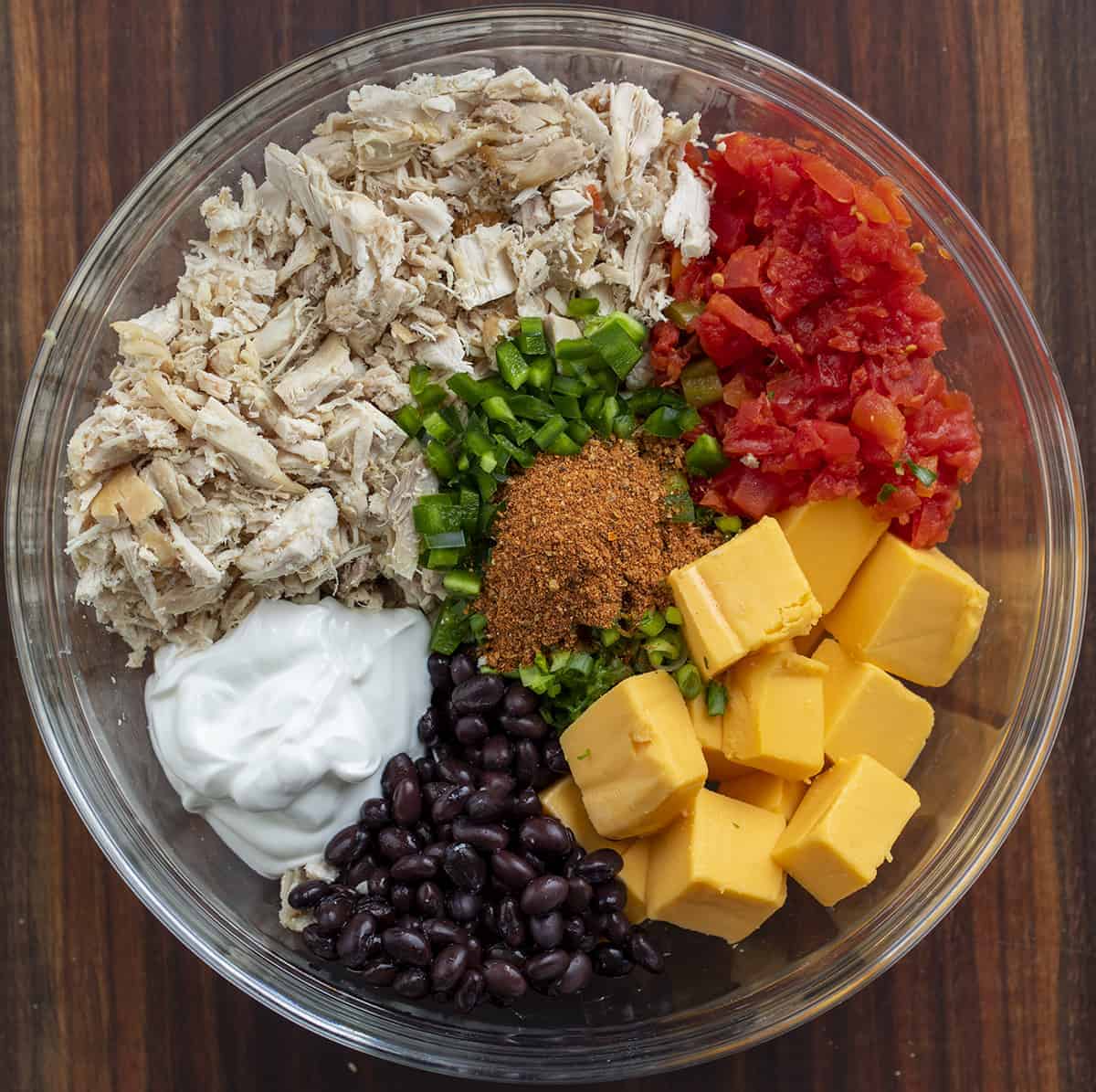 Bowl of Ingredients for Chicken and Velveeta Cheese Dip