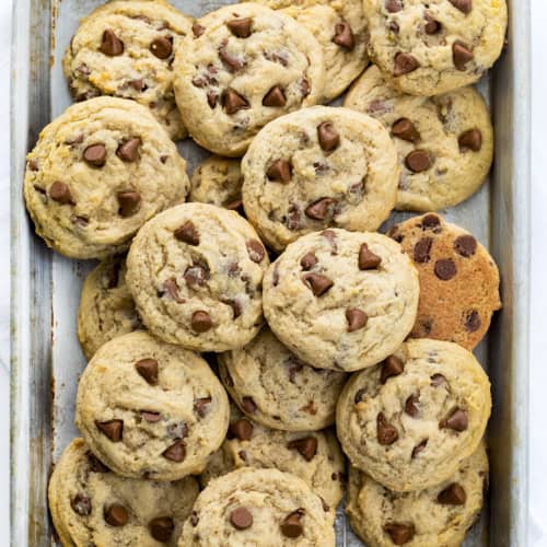 Banana Chocolate Chip Cookies From Overhead on a Pan. Cookies, Cookie Recipes, Baking, Chocolage Chip Cookies, Banana Cookies, Dessert, Banana Desserts, Cookie Exchange, Chewey Cookies, i am baker, iambaker