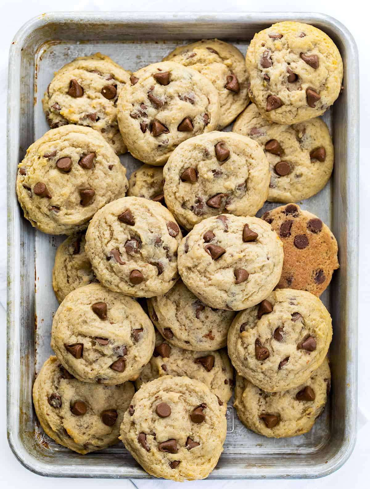Banana Chocolate Chip Cookies From Overhead on a Pan. Cookies, Cookie Recipes, Baking, Chocolage Chip Cookies, Banana Cookies, Dessert, Banana Desserts, Cookie Exchange, Chewey Cookies, i am baker, iambaker