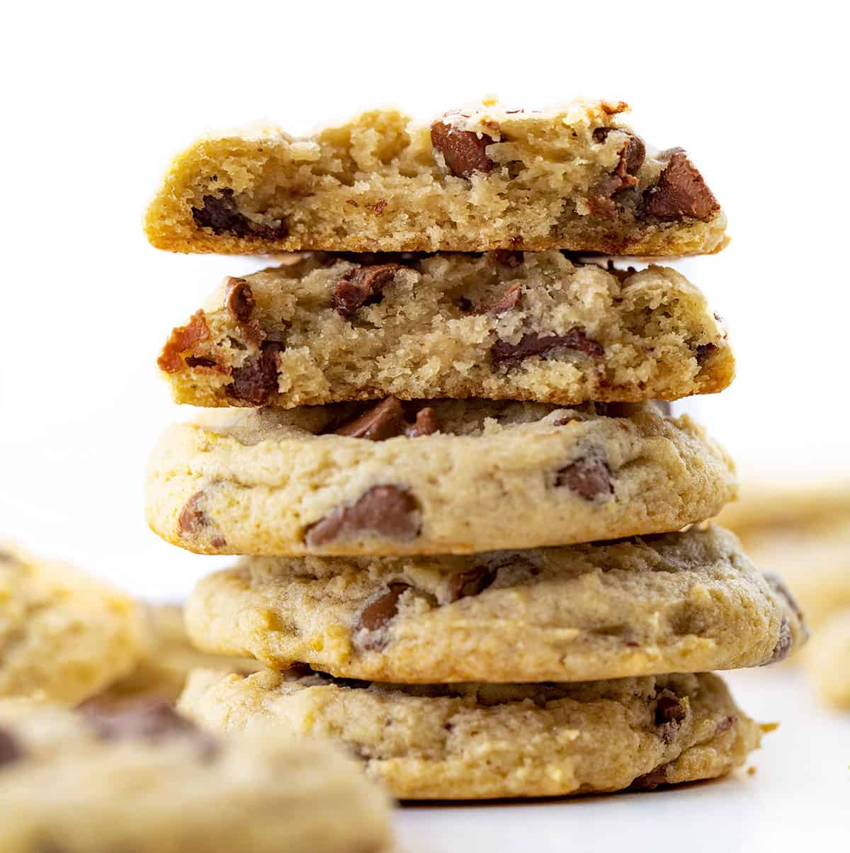 Stack of Banana Chocolate Chip Cookies with Top Cookie Broken in Half Showing Inside. Cookies, Cookie Recipes, Baking, Chocolage Chip Cookies, Banana Cookies, Dessert, Banana Desserts, Cookie Exchange, Chewey Cookies, i am baker, iambaker