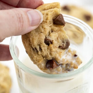 Dipping Halved Banana Chocolate Chip Cookie Into Milk. Cookies, Cookie Recipes, Baking, Chocolage Chip Cookies, Banana Cookies, Dessert, Banana Desserts, Cookie Exchange, Chewey Cookies, i am baker, iambaker