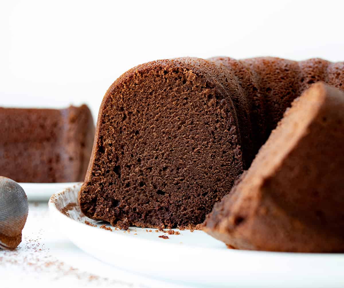Cut Into Chocolate Pound Cake Showing Inside Texture.