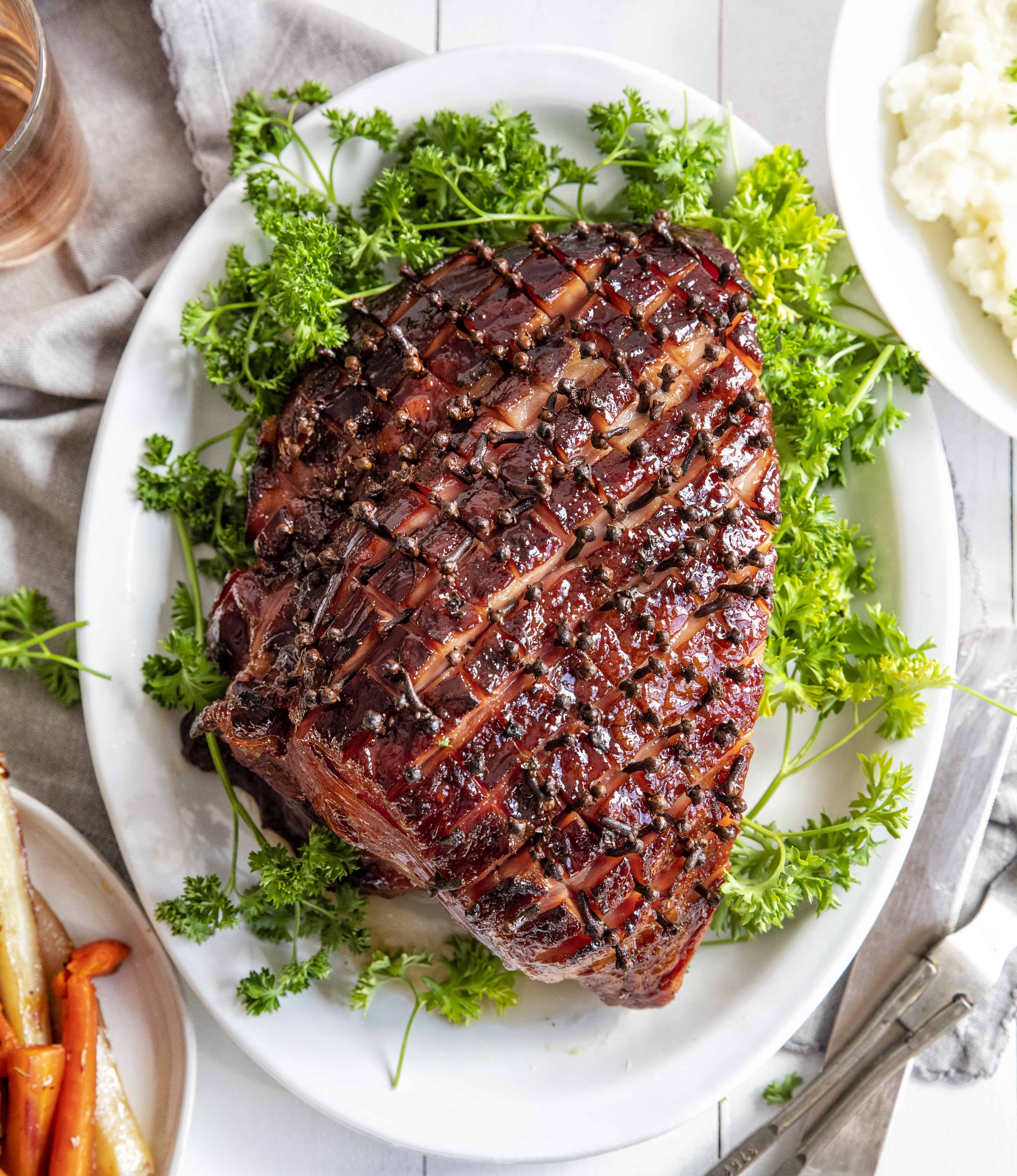 Overhead Image of Glazed Ham with Cloves