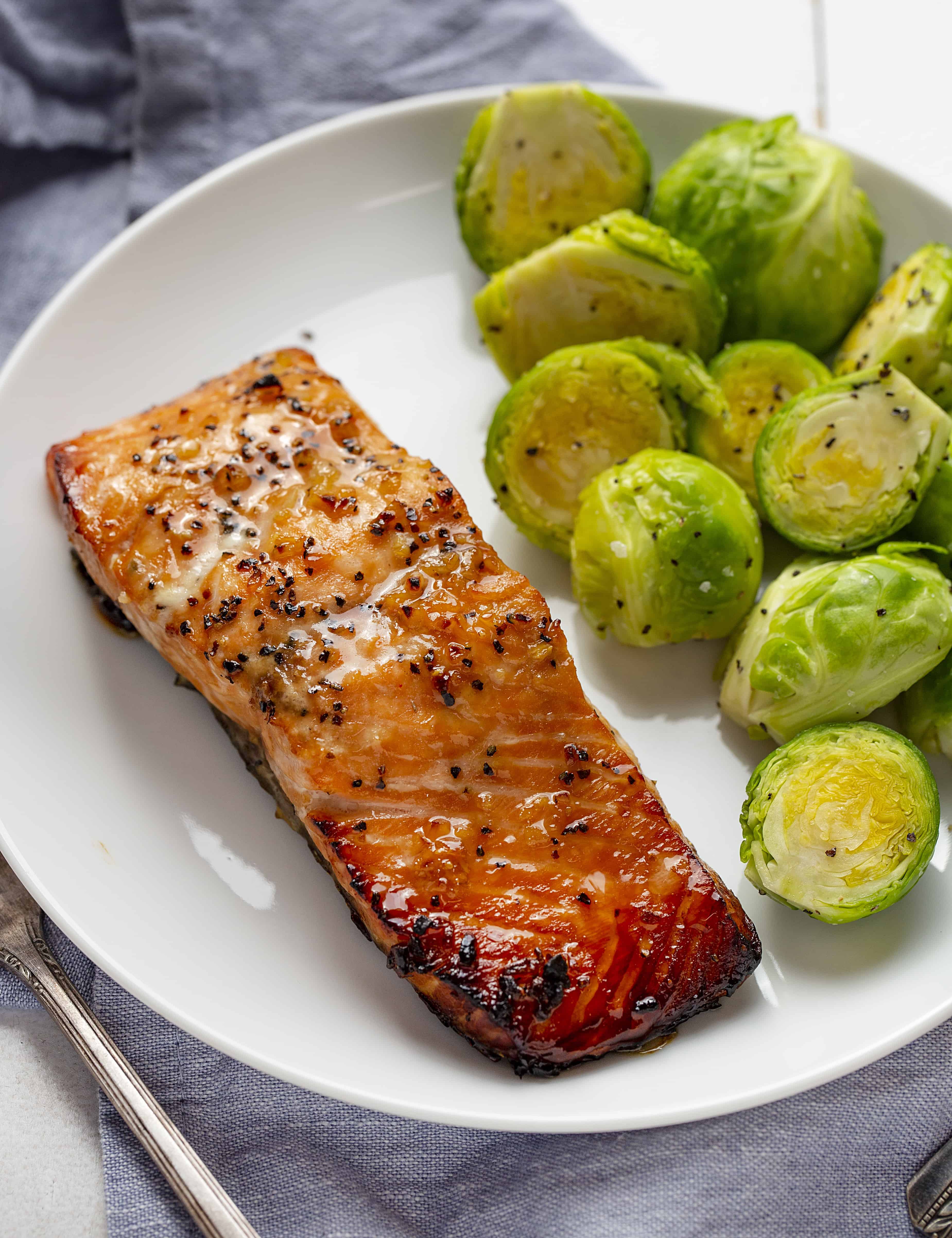 Honey Garlic Salmon on Plate with Brussels Sprouts