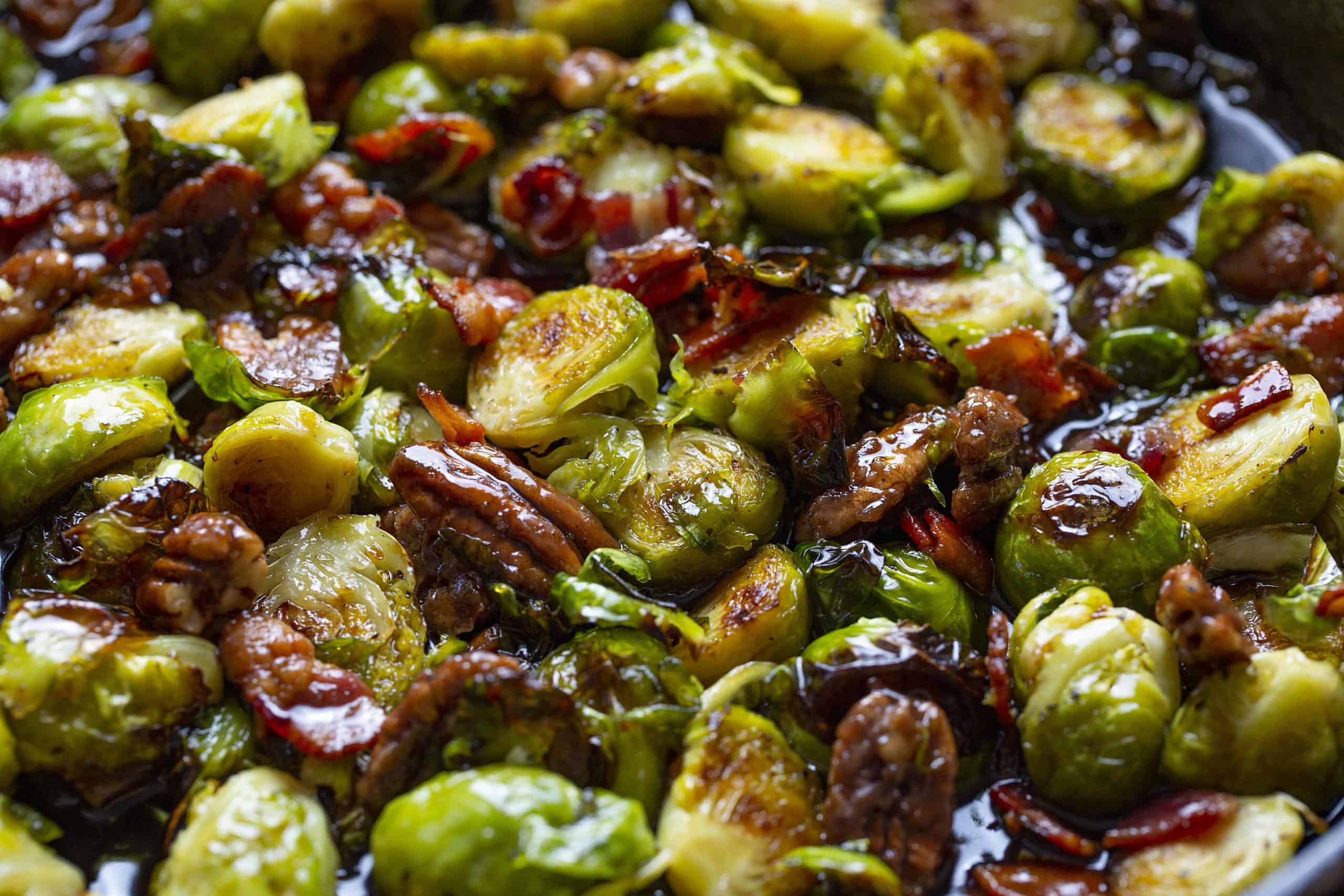 Brussel Sprouts with Bacon, Pecan, and a Maple Syrup Bourbon Glaze