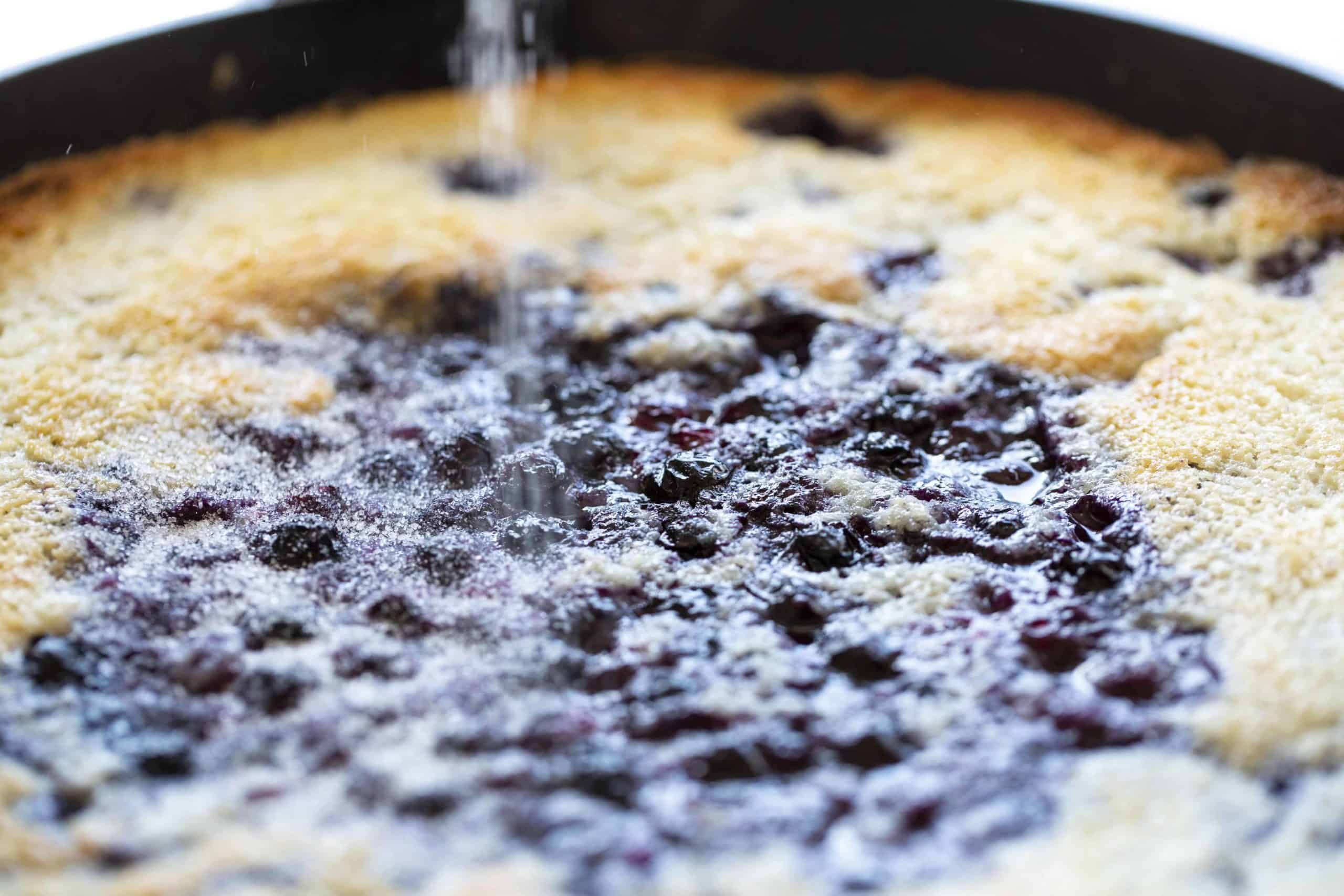 Sugar topping on blueberry cobbler in a skillet