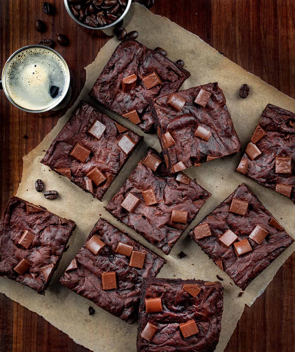 Overhead of Mocha Brownies Cut into Pieces. 