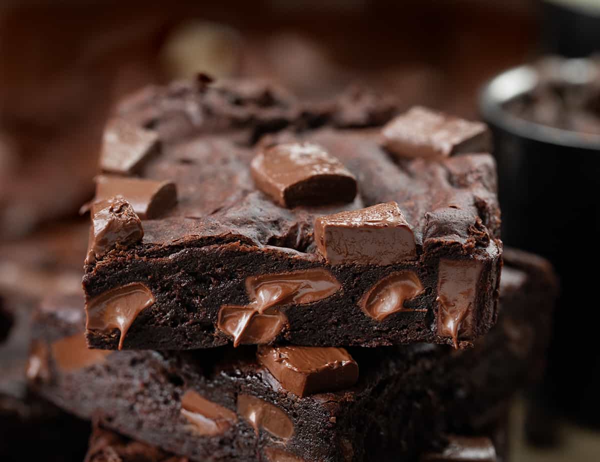 CLose up of Mocha Brownies With Melty Chocolate Chunks.