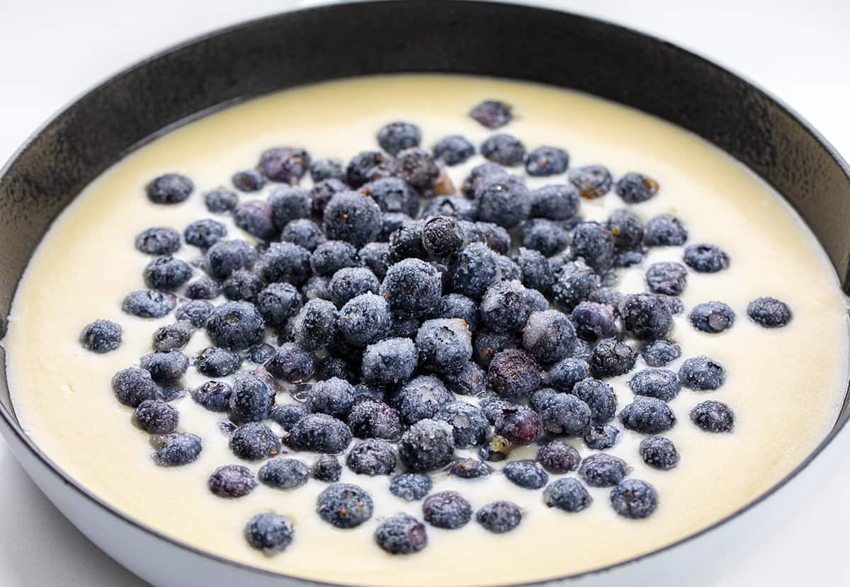 Batter and Sugared Blueberries in Skillet Before Baking Blueberry Cobbler. Dessert, Cobbler, Blueberry Cobbler, Easy Summer Desserts, Summer Dessert, Blueberry Dessert, i am baker, iambaker.