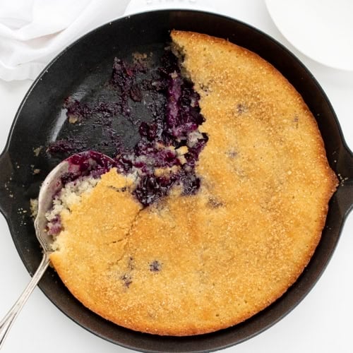 Overhead Image of Baked Blueberry Cobbler in Skillet. Dessert, Cobbler, Blueberry Cobbler, Easy Summer Desserts, Summer Dessert, Blueberry Dessert, i am baker, iambaker.