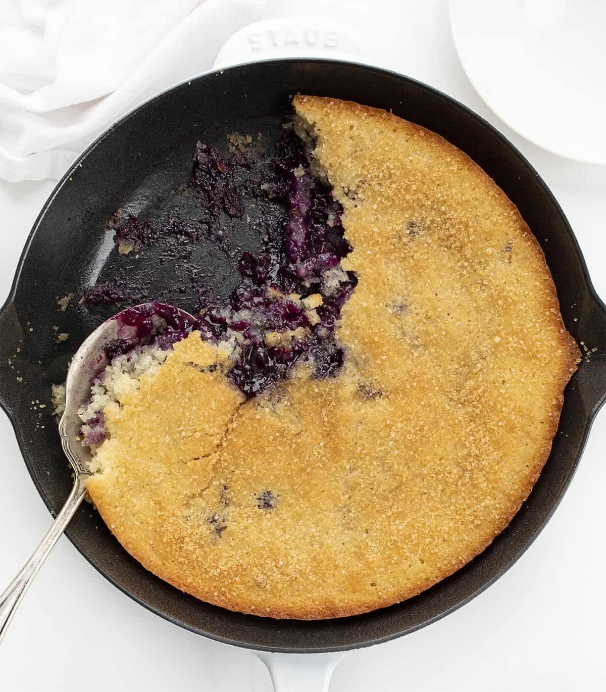 Overhead Image of Baked Blueberry Cobbler in Skillet. Dessert, Cobbler, Blueberry Cobbler, Easy Summer Desserts, Summer Dessert, Blueberry Dessert, i am baker, iambaker.