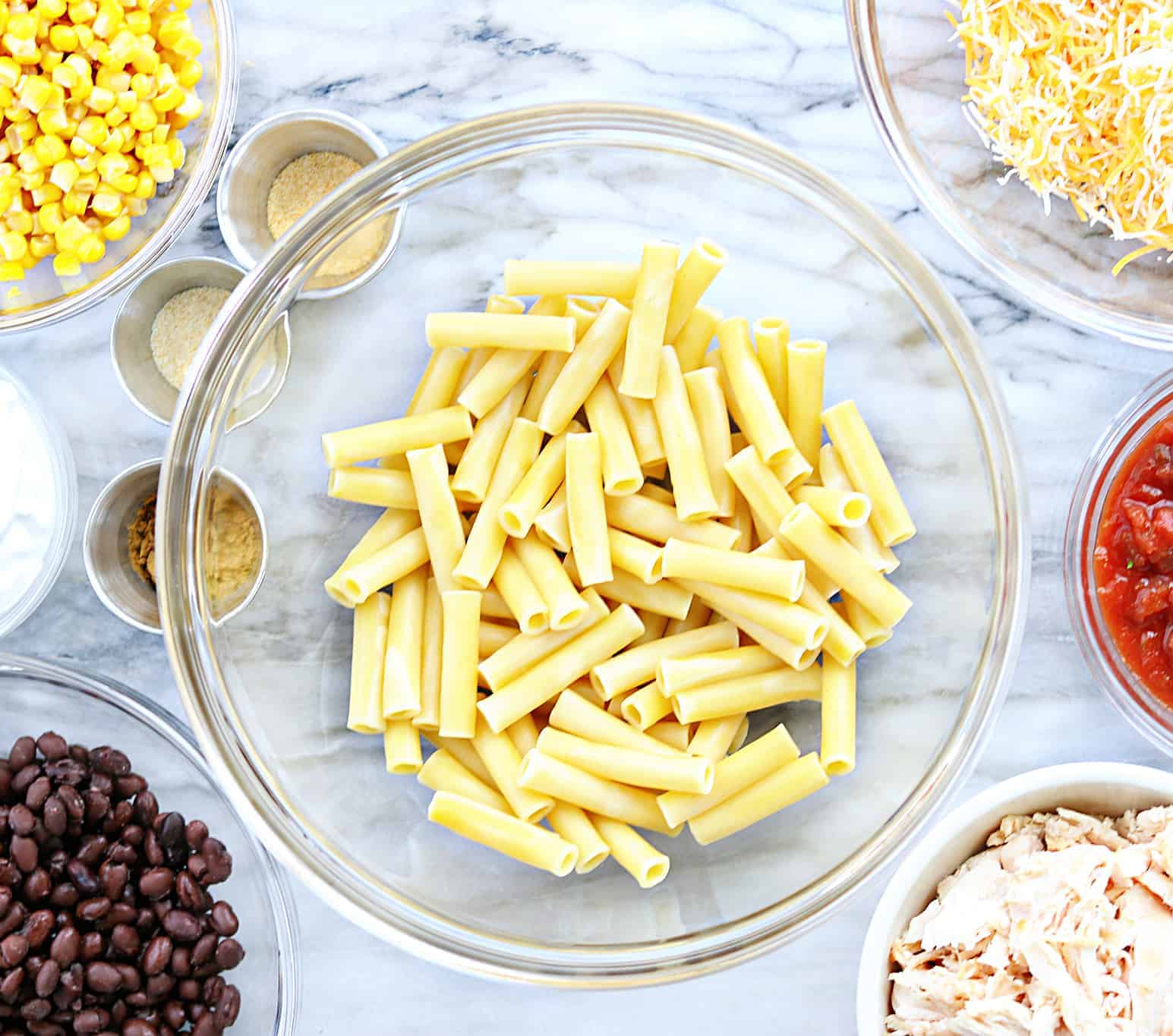 Ingredient line up for fiesta chicken casserole