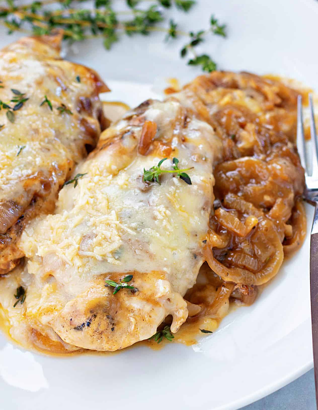 Easy French Onion Chicken on Plate with Fork