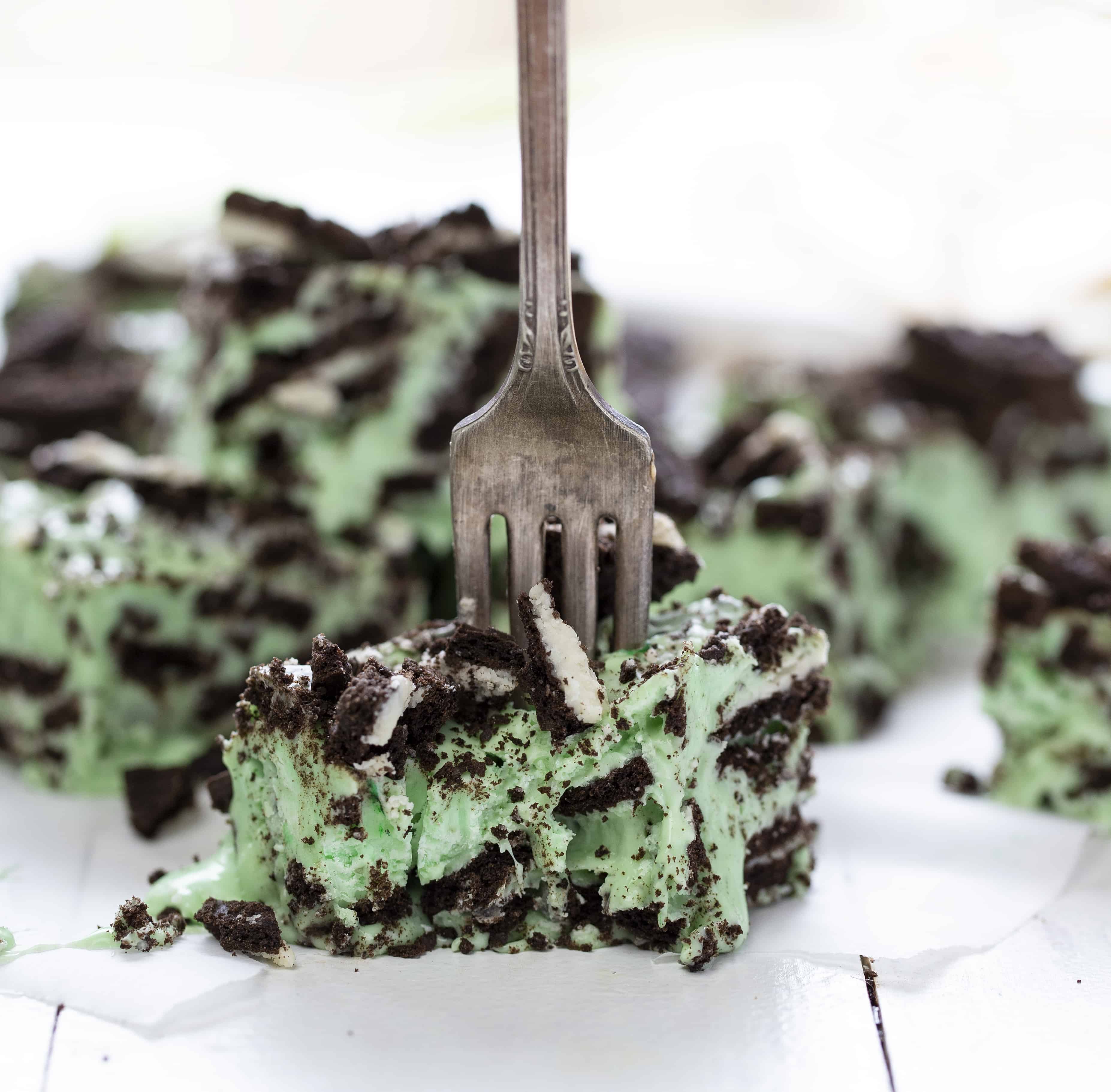 Mint Chocolate Oreo Fudge Recipe with Fork Sticking Out