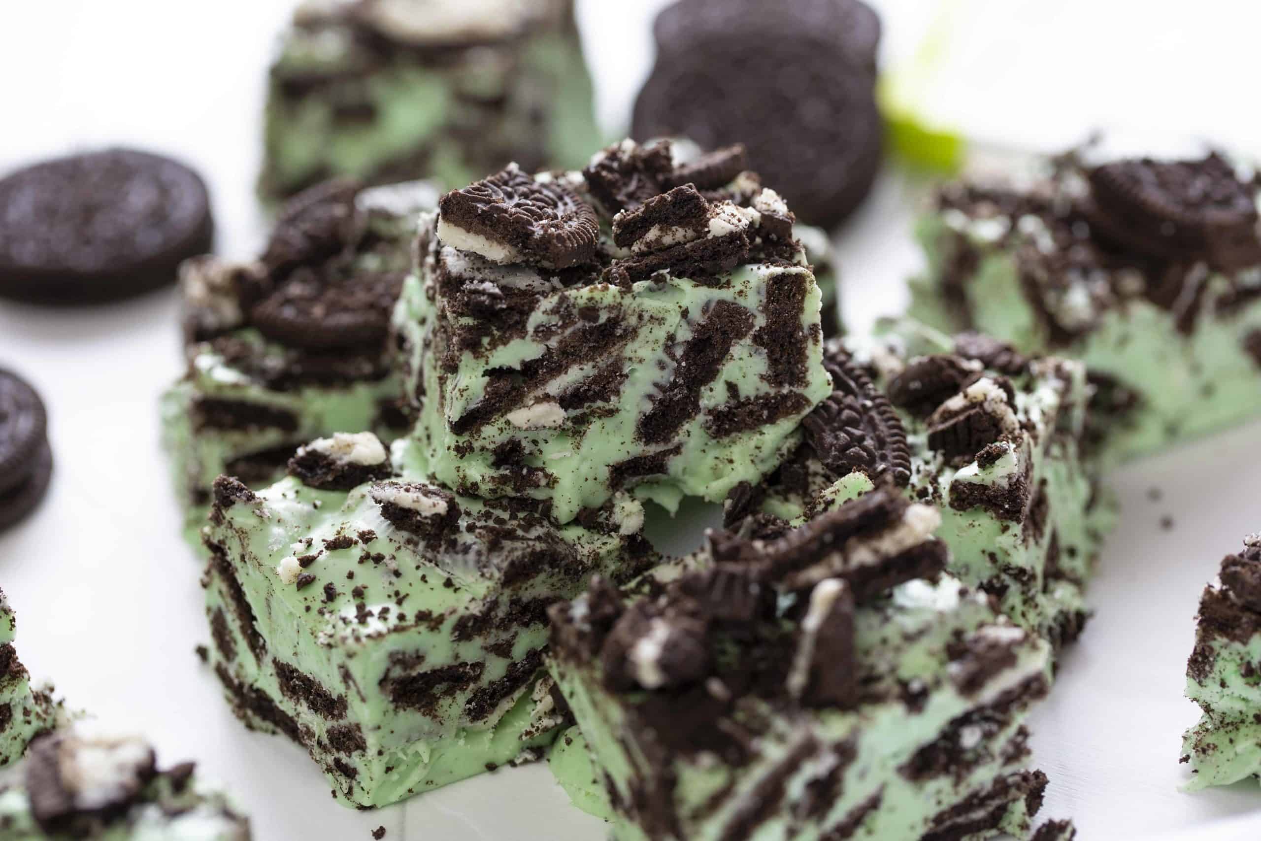 Mint Chocolate Fudge Recipe Stacked on White Board