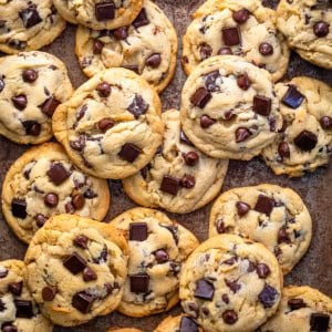 Pan of Chocolate Chip Cookies from overhead.