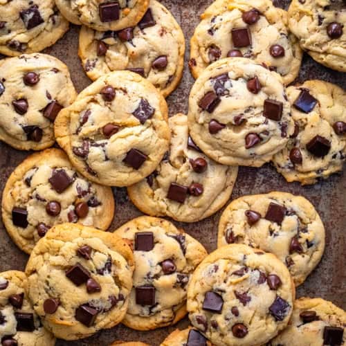 Pan of Chocolate Chip Cookies from overhead.