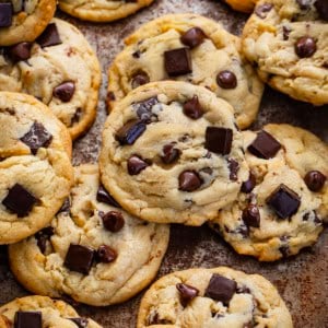 Close up of Chocolate Chip Cookies on a pan from overhead.