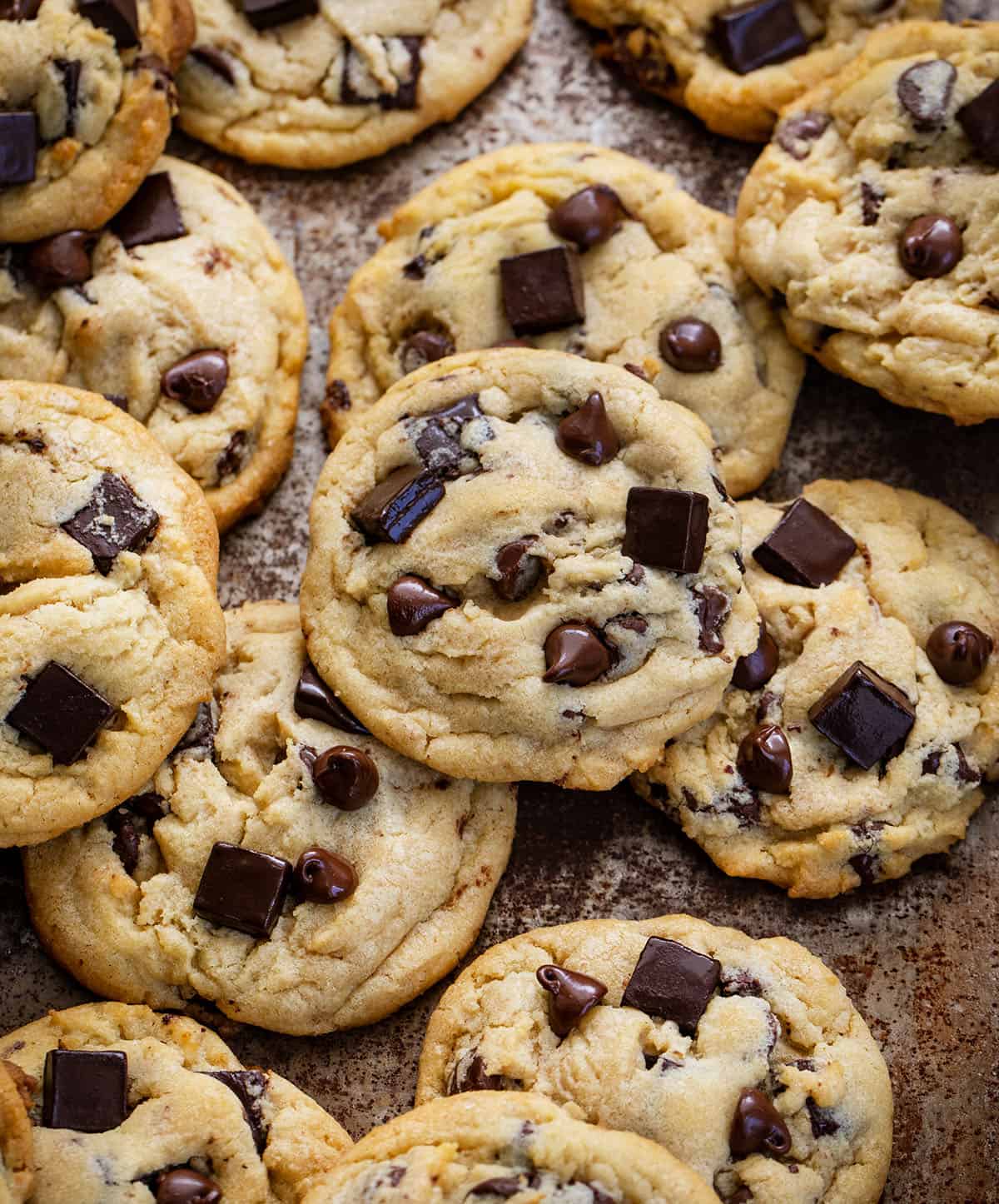 Close up of Chocolate Chip Cookies on a pan from overhead.