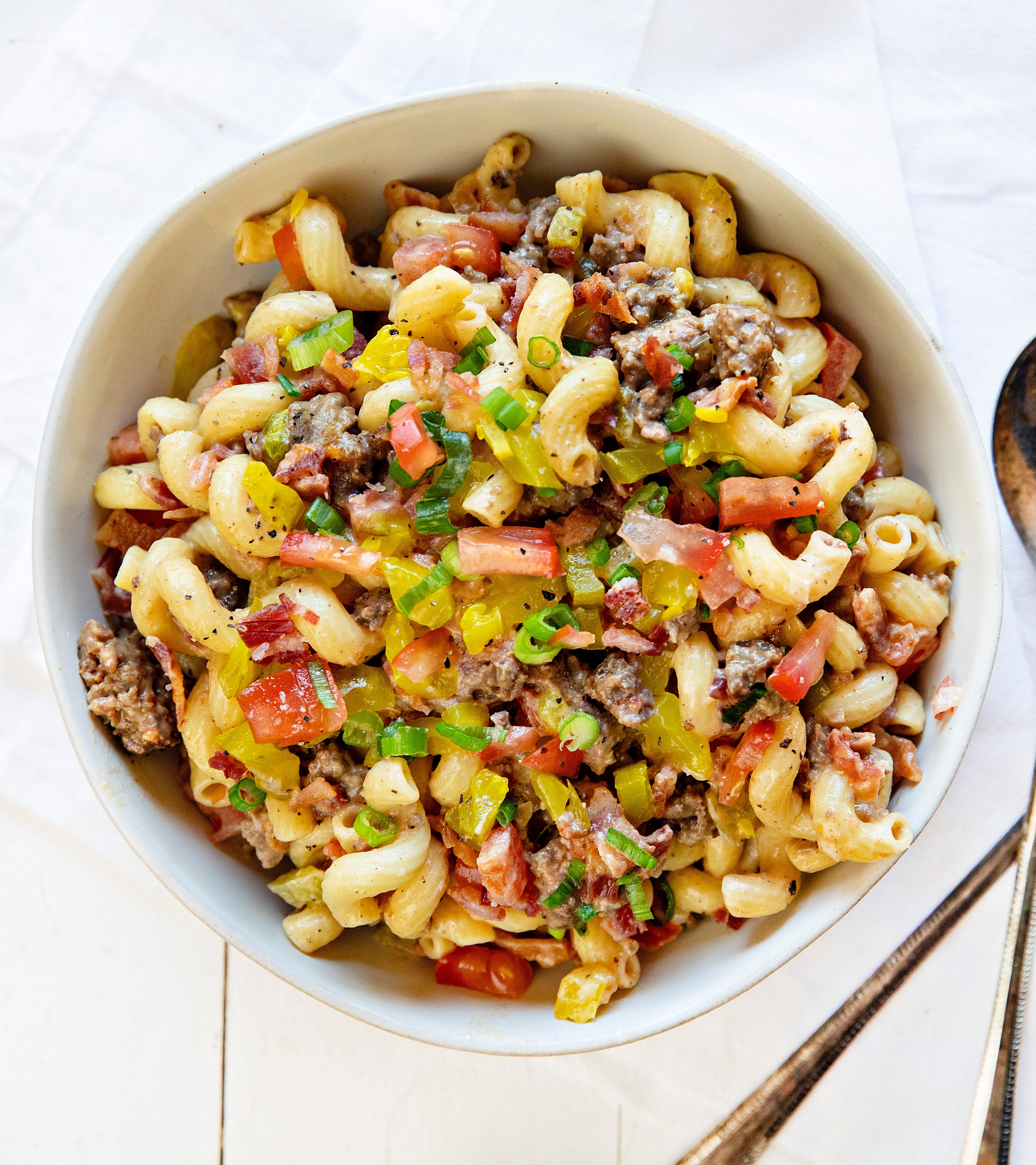 Cheeseburger Pasta from Overhead in a White Bowl