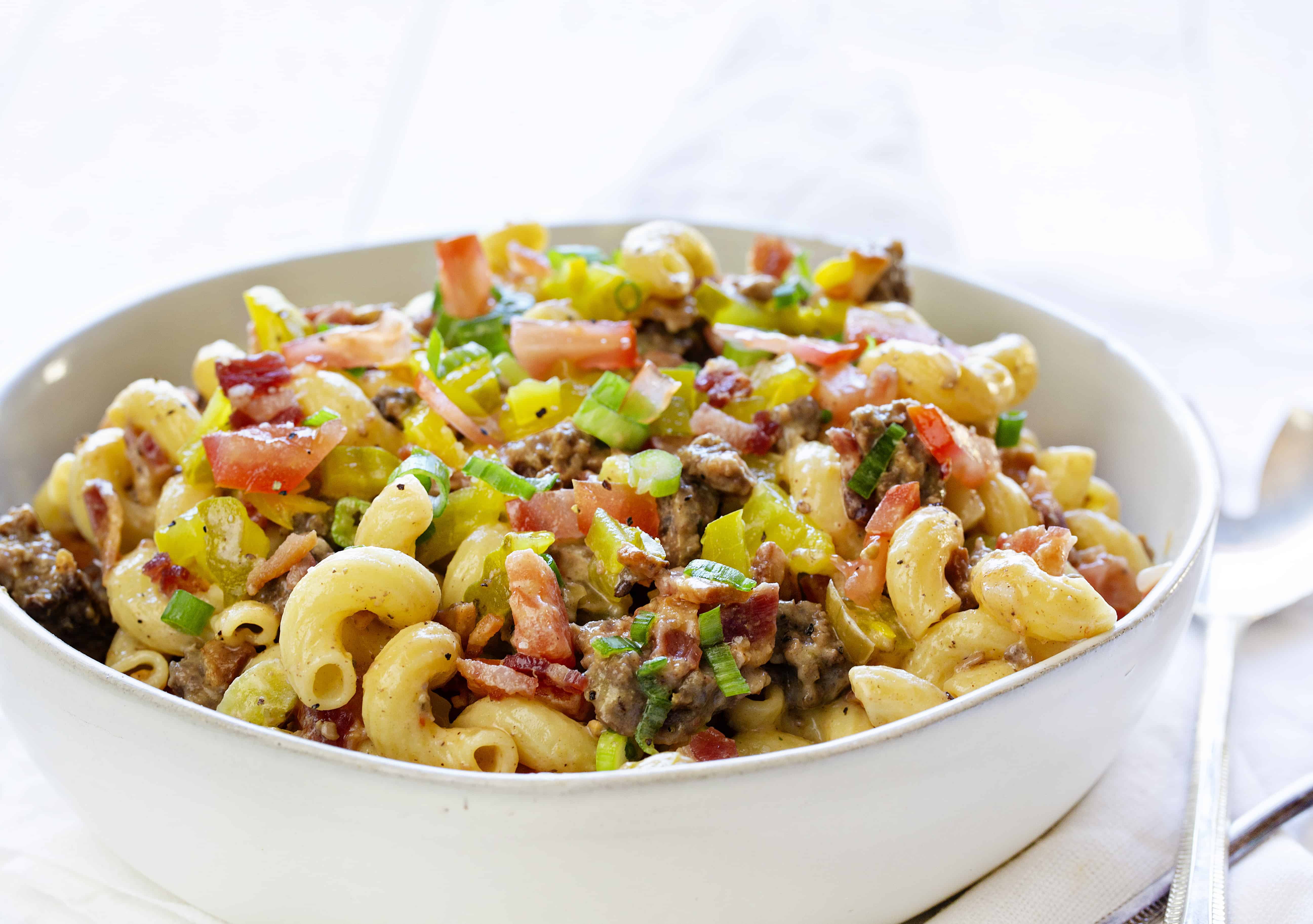 Cheeseburger Pasta Recipe in a White Bowl