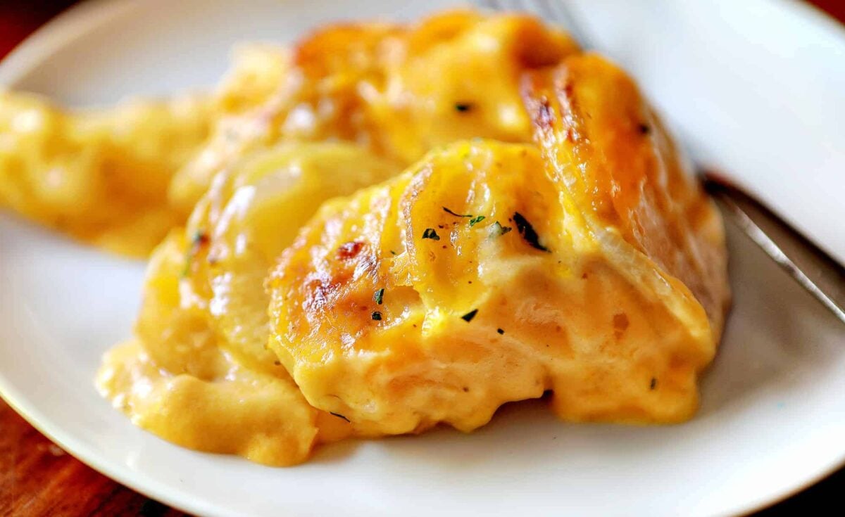 Cheesy Scalloped Potatoes on a white plate with a fork resting on the side.