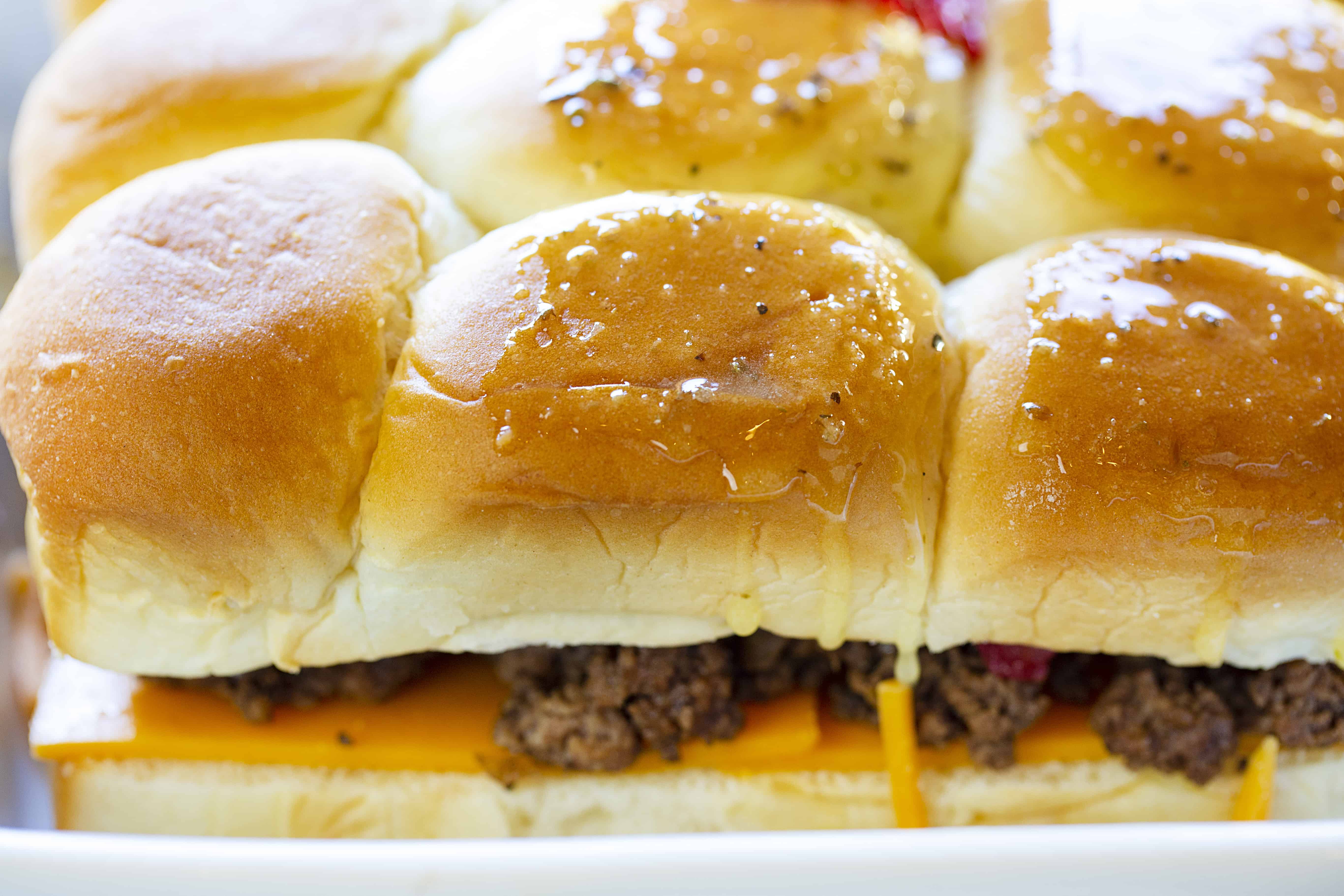 Buttered tops of Cheeseburger Sliders