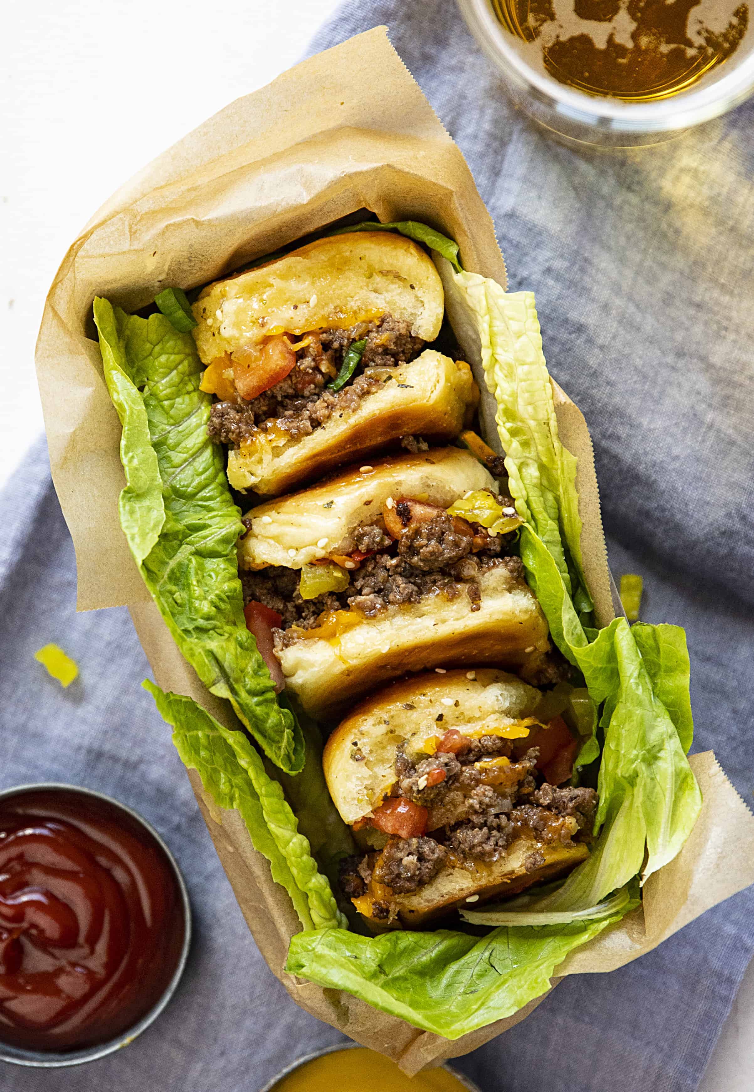 Cheeseburger sliders in a basket