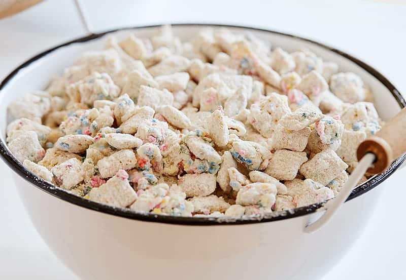 Birthday Cake Puppy Chow Recipe in a Bowl