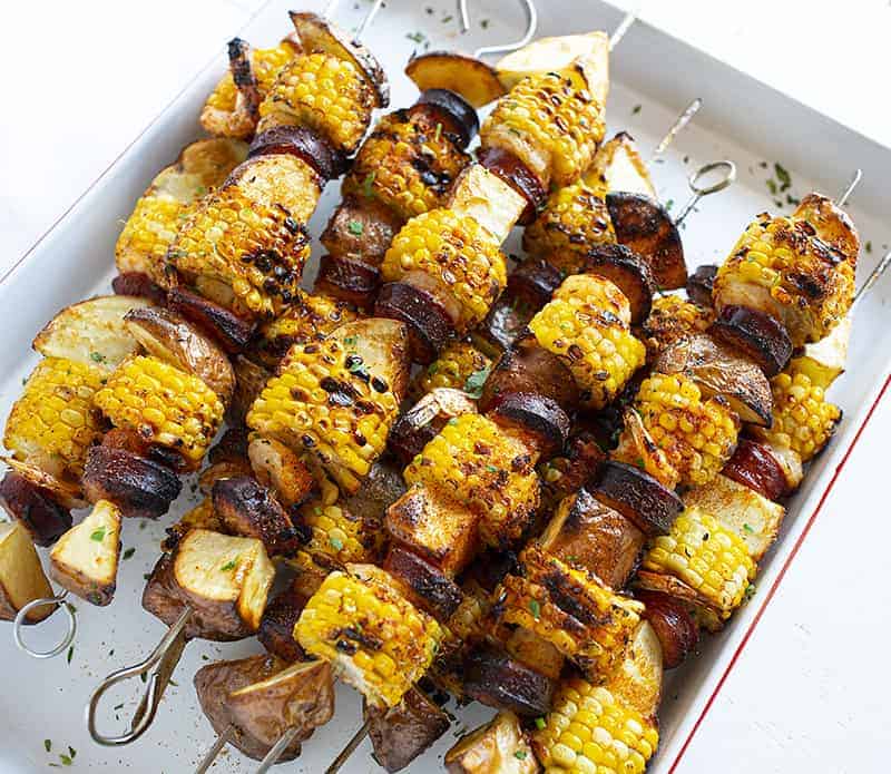 Grilled Cajun Shrimp and Sausage Skewers in a pan