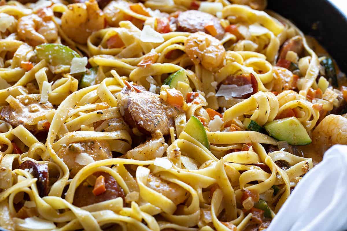 Cajun Shrimp and Sausage Pasta Close Up 