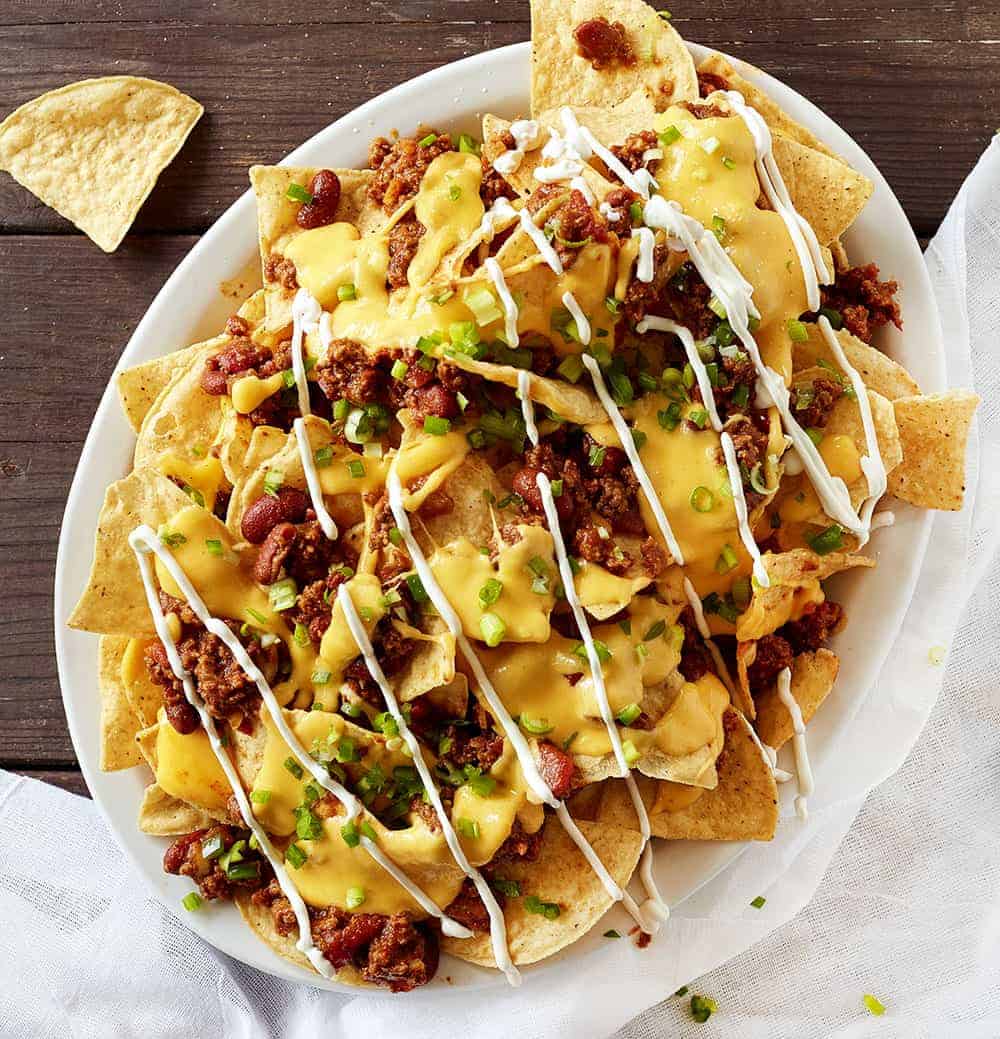 Overhead View of Finished and Ready to Serve Chili Cheese Nachos