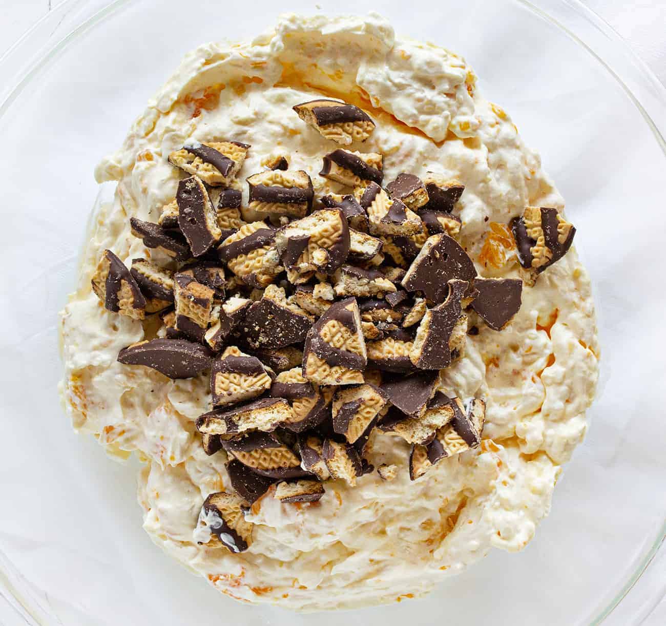 Cookie Salad Mixed with Fudge Striped Cookie on Top