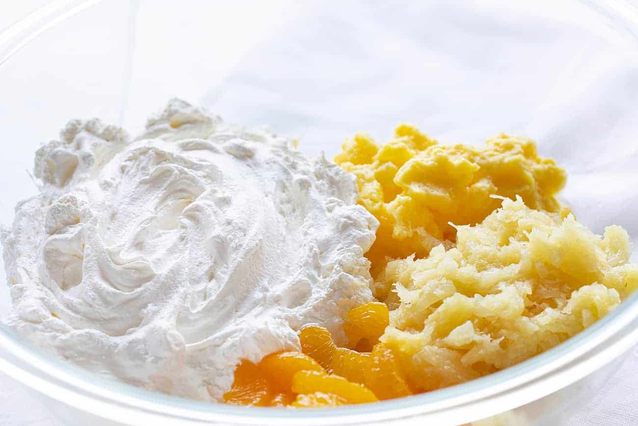 Cookie Salad Ingredients- Mandarin Oranges, Pudding, Pineapple, Whipped Topping