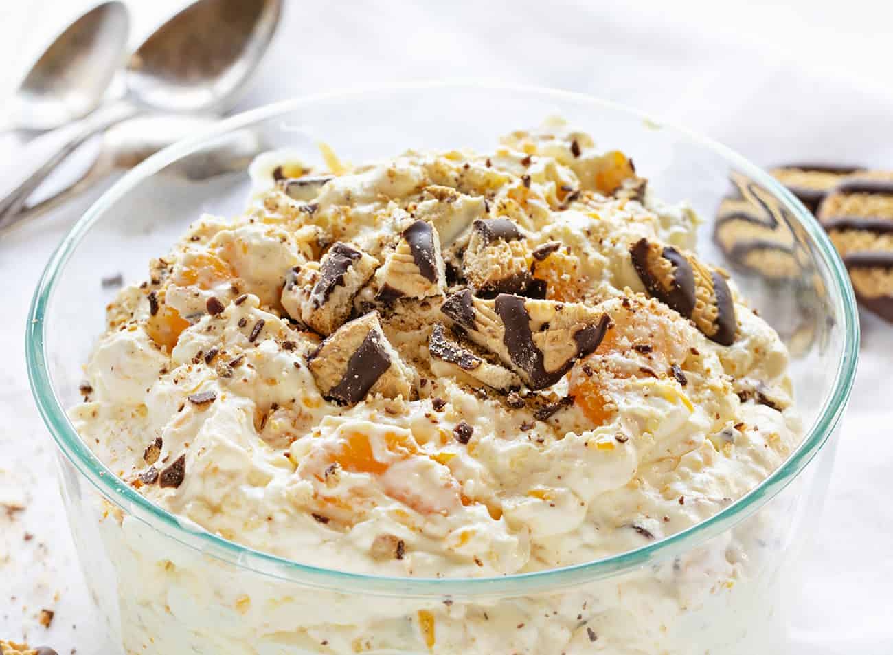 Cookie Salad Mixed and Topped with Fudge Stripe Cookies