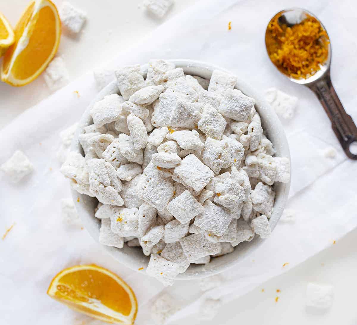 Overhead View of Orange Creamsicle Chex in a Bowl Next to Orange Zest