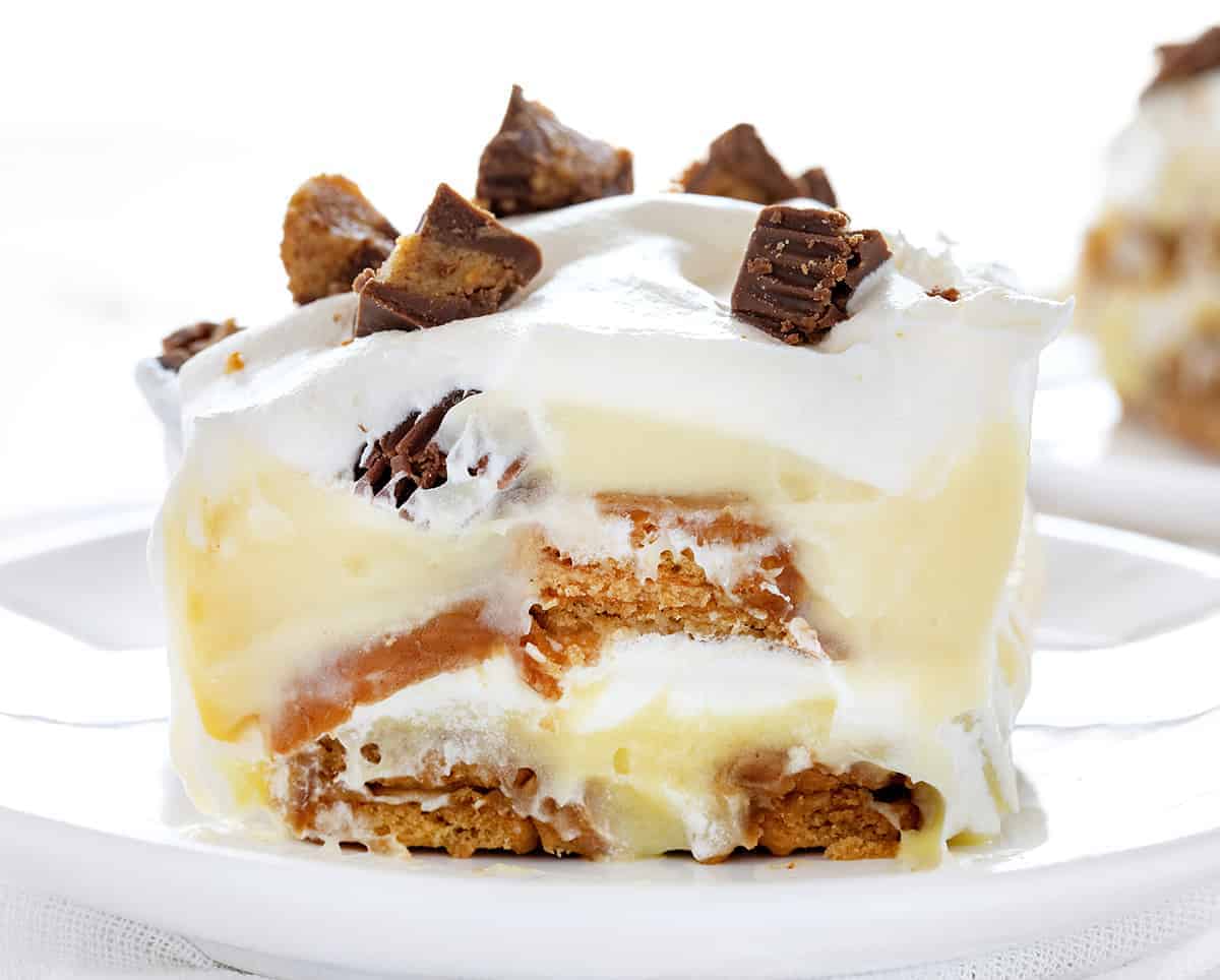 Piece of No Bake Peanut Butter Cookie Lasagna