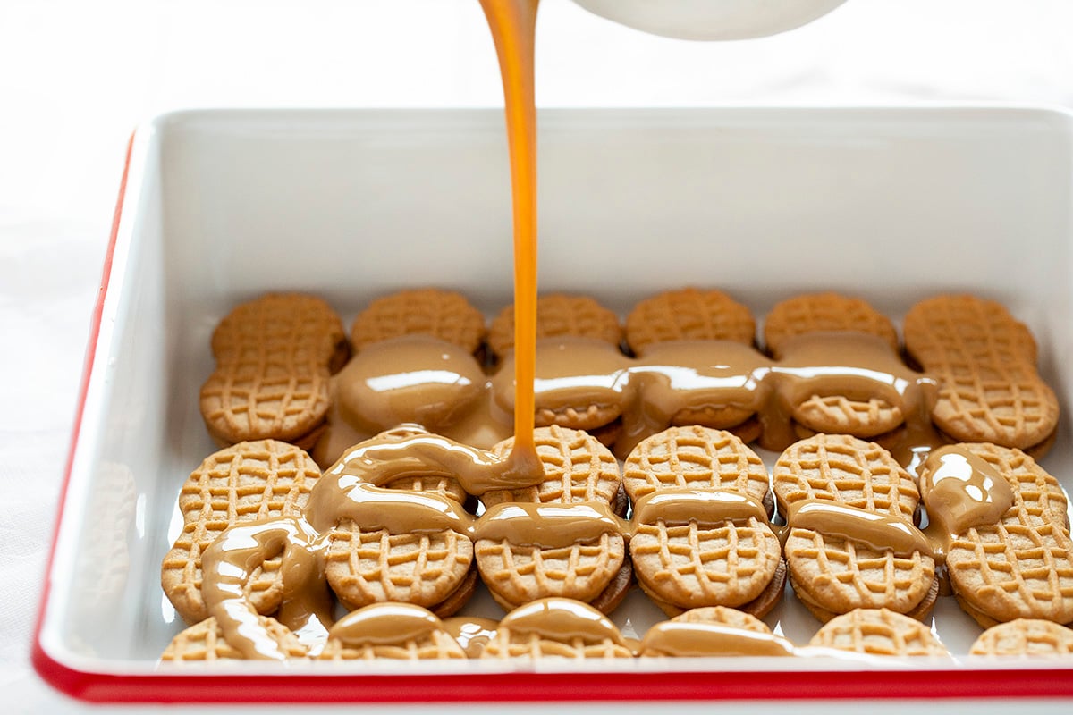 Pouring Peanut Butter in Peanut Butter Cookie Dessert