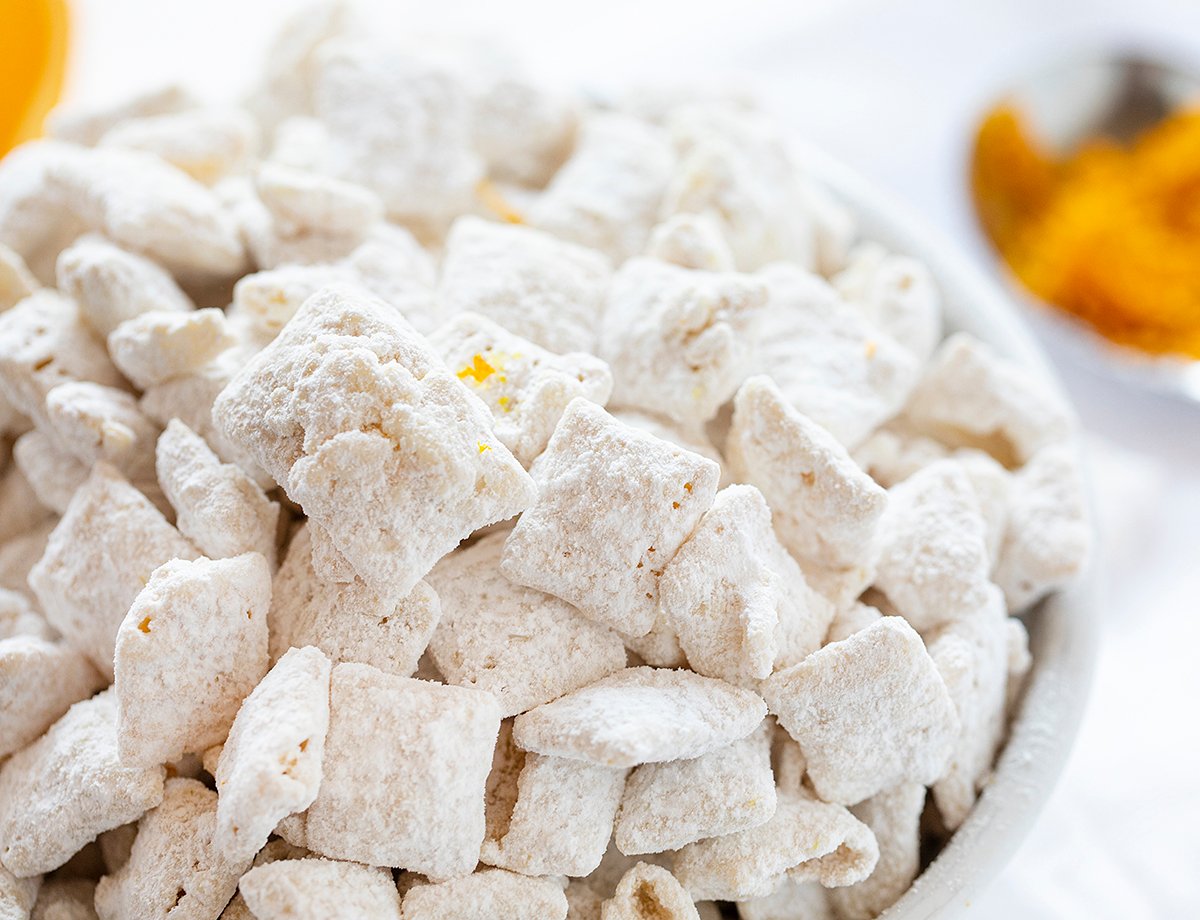 Close Up of Individual Creamsicle Chex Puppy Chow Pieces