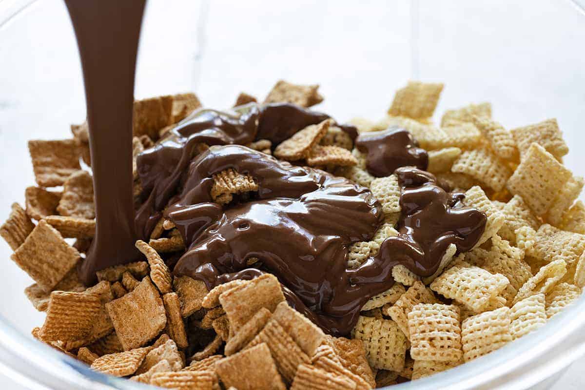 Pouring Chocolate/Peanut Butter Mixture over Cereal