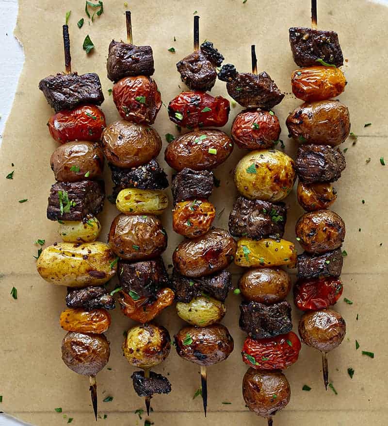 Steak, Tomato, and Potato Kebabs Cooked on Parchment.