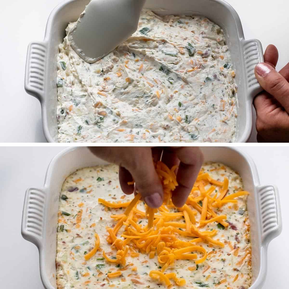 Spreading Jalapeno Popper Dip and then Topping with Cheese After Baking for a Bit