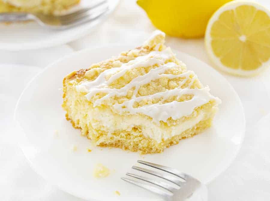 Piece of Lemon Cream Cheese Coffee Cake with Bite Taken