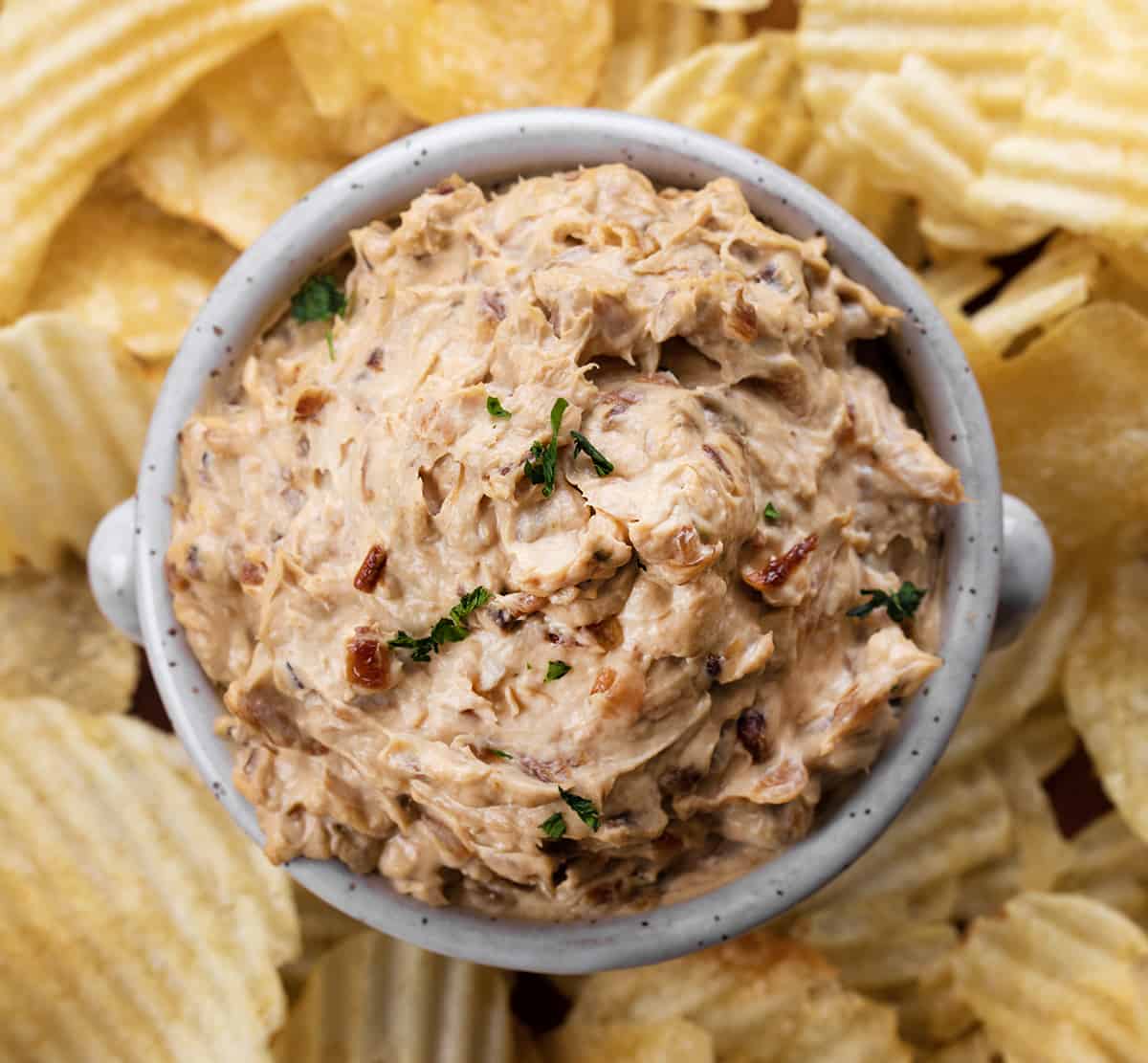 Bowl of Caramelized French Onion Dip with Potato Chips Around It.