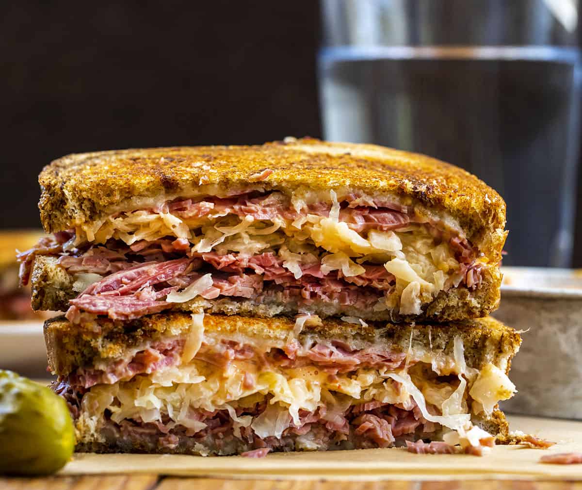 Reuben Sandwich Cut in Half and Stacked Showing Inside