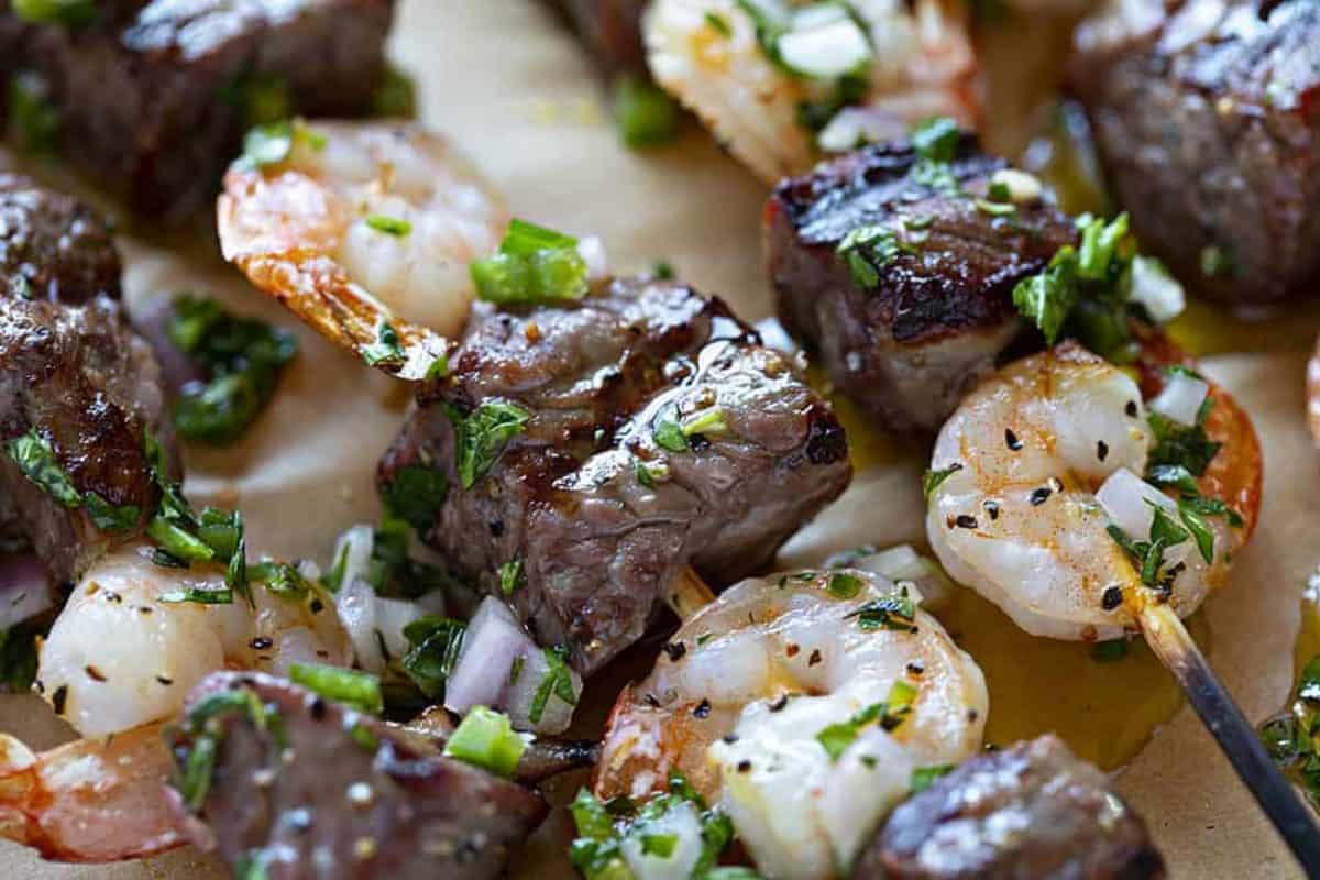 Surf and Turf Kebabs with Chimichurri Sauce - i am baker