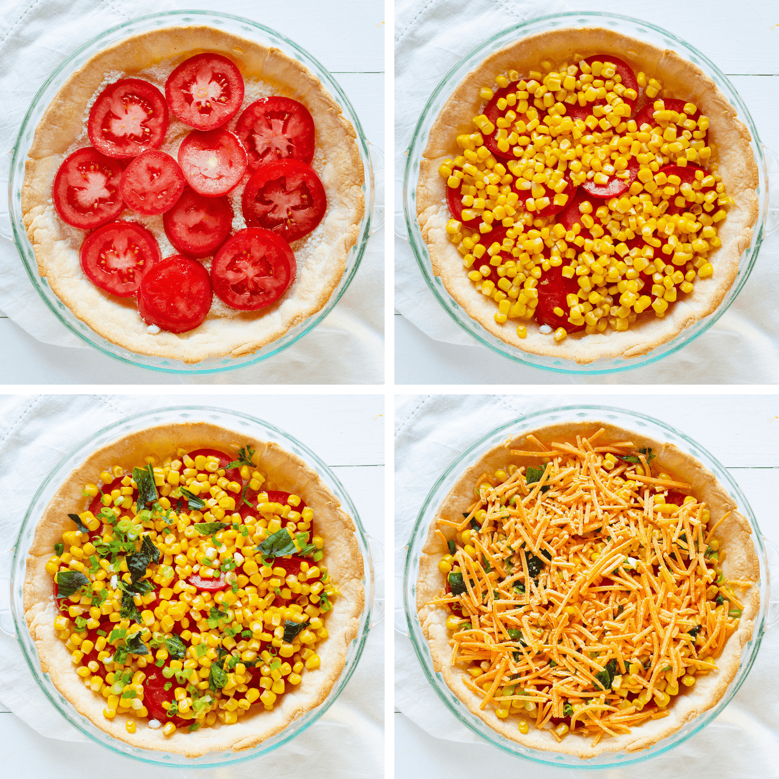 With layers of tomatoes, corn, and cheeses, you will love this Tomato and Corn Pie! Tomato and corn pie, Tomato pie, roma tomatoes, iambaker, homemade pie crust Layers of Tomato and Corn Pie