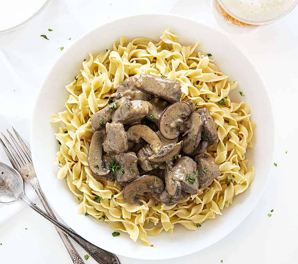 Overhead View of a Bowl of Beef Stroganoff on Pasta
